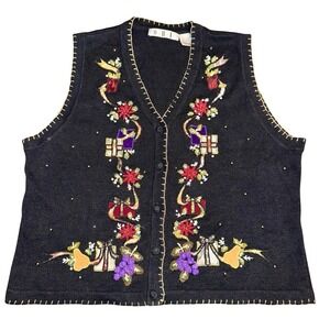 OHI Grannycore Vintage Christmas Sweater Vest XL Beaded Embroidered